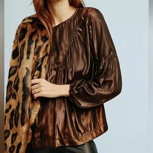 ANTHROPOLOGIE AMADI Merry metallic Lurex Party Blouse Top, Bronze